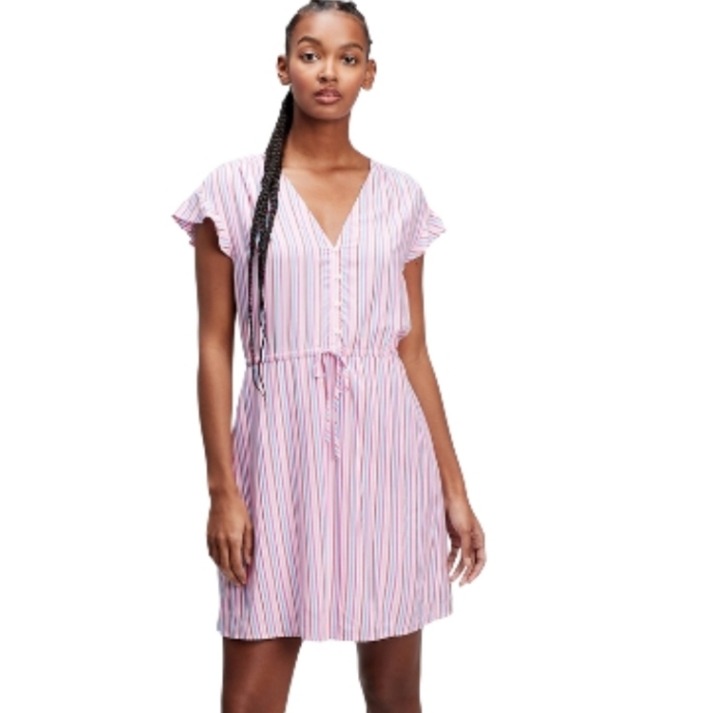 GAP Dress, Sz M, Flutter Cap Sleeve, Pink Blue Vertical Stripes, Lined, Cotton